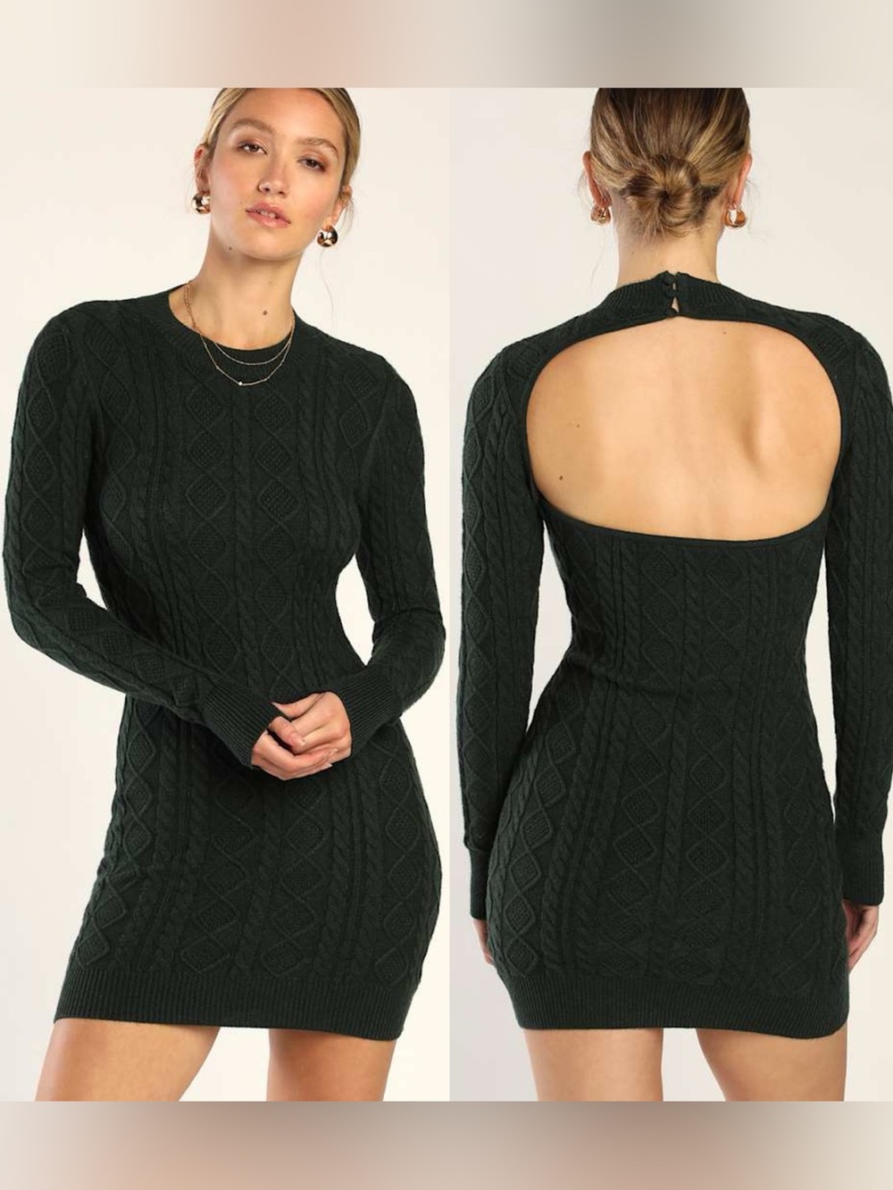 Lulus | Love You Sweater Hunter Green Cable Knit Backless Sweater Dress